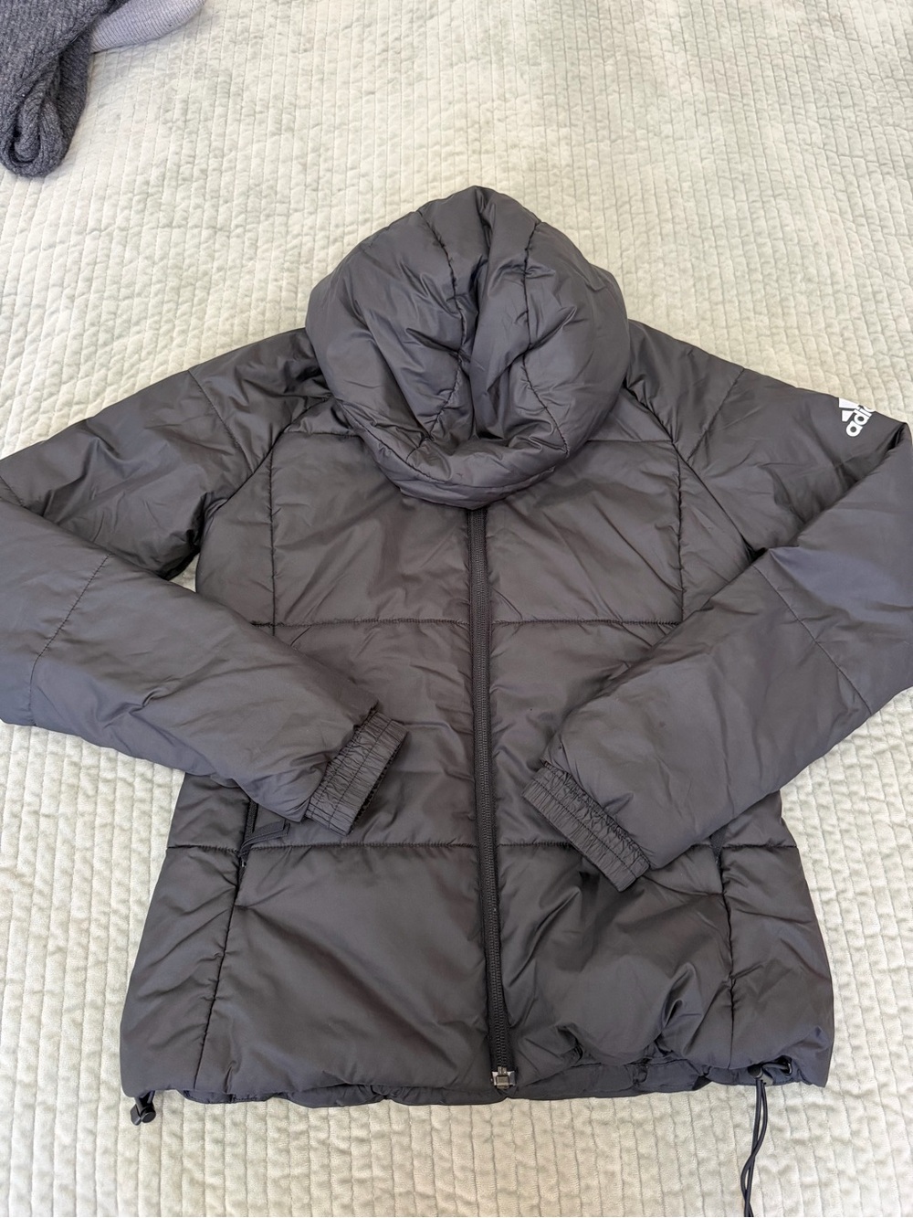 adidas Women's Charcoal Black Quilted Puffer Jacket with Hood